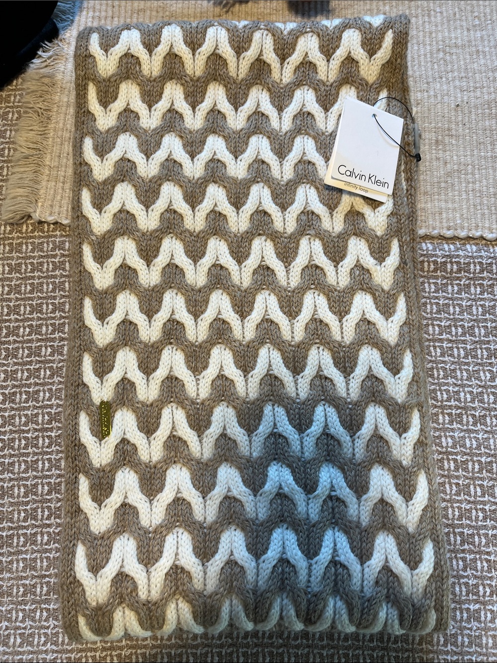 Calvin Klein Taupe & Cream Chevron Knit infinity loop scarf